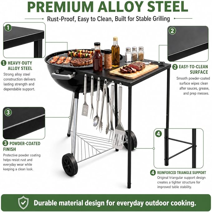 Grill Side Table for Weber Original Kettle 22& 26 inch, for Weber Smokey Mountain 22 Grills, Grill Work Table for Master Touch 22"& 26", Original Kettle Premium 22" 26", Adjustable Height