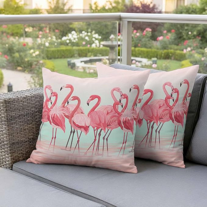 Outdoor Pillow Covers,Flamingo Bird on Gradient Background Decorative Throw Pillow Cover Waterproof Pillowcase Set of 2,Linen Cushion Case for Sofa Couch Bed 26x26 Inch,Tropical Pink Animals