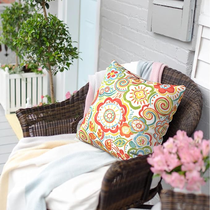 Outdoor Throw Pillow Covers 18”x18”, Decorative Pillow Covers for Patio Furniture, Modern Cushion Cases for Garden Couch Home Sofa Bed Office Chair, Pack of 2, Flower Multi