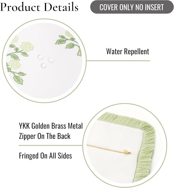 Hofdeco Premium Grandmillennial Coastal Hampton Patio Indoor Outdoor Lumbar Pillow Cover Only, 12"x20" Water Repellent for Backyard, Couch, Poolside, Grass Green Print Hydrangea Flowers