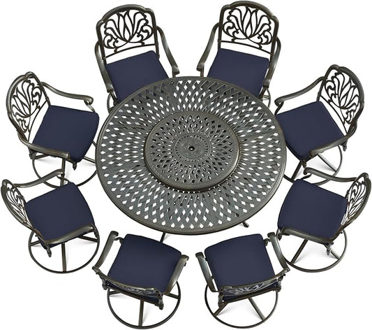 VIVIJASON 9-Piece Patio Dining Set, Rust-Free Cast Aluminum Outdoor Conversation Set, Includes 8 Swivel Dining Chairs & 61" Round Dining Table with 31" Lazy Susan, Umbrella Hole, Navy Blue
