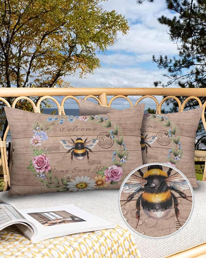 Outdoor Waterproof Throw Pillows Farmhouse Bee Flower Wreath Patio Pillows,Decorative Pillow Covers with Insert,Pillow Cushion Case for Garden Couch Sofa Farm Retro Wood Board