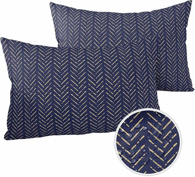 Navy Blue Gold Striped Outdoor Pillow Covers Waterproof,All Weather Cushion Case Set of 2 Lumbar Pillowcase for Sofa Couch Bed Decor Patio Furniture 20"x12" Contemporary Minimalist Boho Geometric