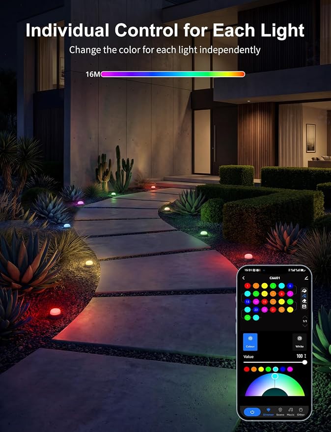 Outdoor Ground Lights 26 Pack, 58FT RGBCW Pathway Lights Wired | Tunable White Landscape Lights, DIY Scene Modes, IP65 Waterproof, for Path Yard Lawn Patio, Holiday Decor, App/Remote Control