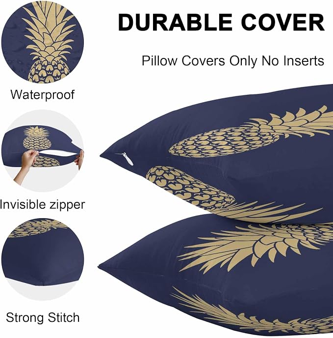 Yellow Pineapple Outdoor Waterproof Pillow Covers, Summer Fruits Navy Blue Decorative Square Throw Pillowcase Sofa Cushion Sham for Patio/Couch/Chair, 16"x16" 2 Pack