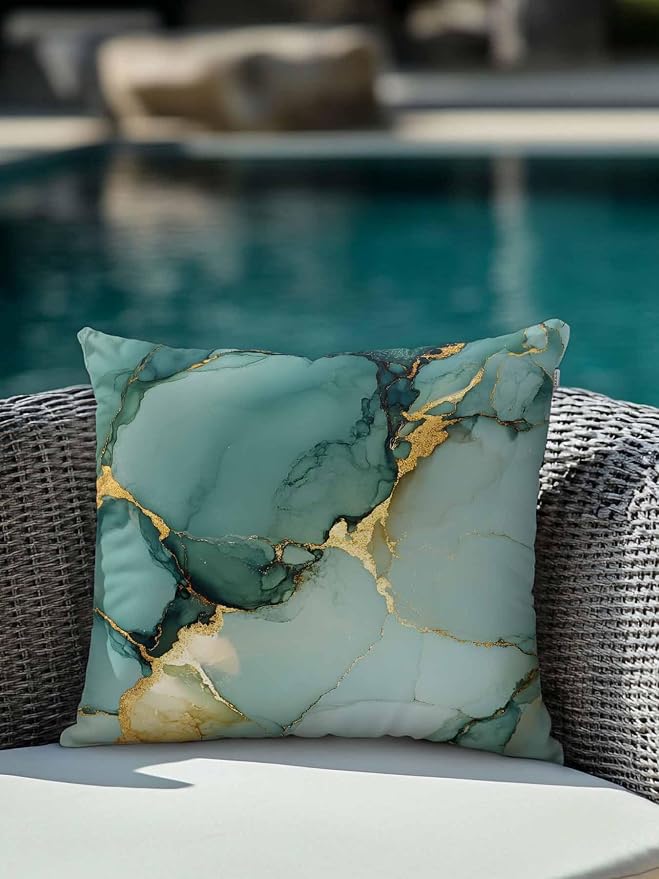 1 Pack Outdoor Throw Pillow, Teal Ombre Marble Waterproof Pillow with Insert Included, Modern Ink Painting Abstract Decorative Accent Cushion Sofa Pillows for Patio Porch, 16 x 16 in