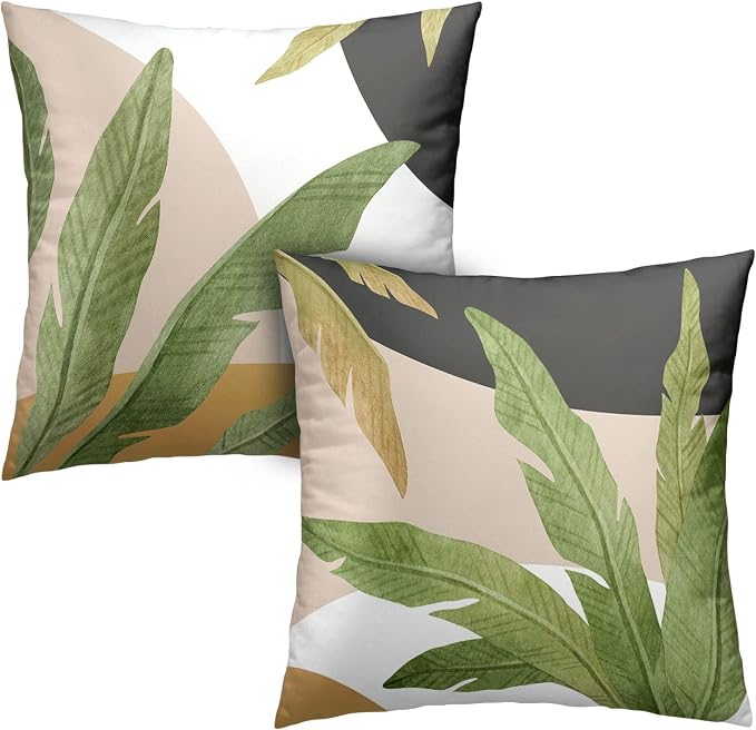 2 Pack Green Palm Leaf Spring Summer Pillow Covers 16x16 Inch Banana Leaves Decorative Throw Pillow Covers Brown and White Black Pillowcase Cotton Blend Farmhouse Decor for Chair Bed Car