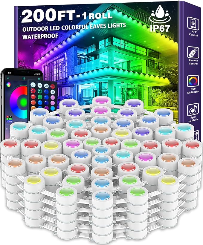 SINLEY 200FT Permanent Outdoor RGB Lights,Waterproof Smart LED Eaves Lights with App/Remote Control,for Christmas and All Holiday Decor,Daily and Accent Lighting,House Roof and Garden Lighting
