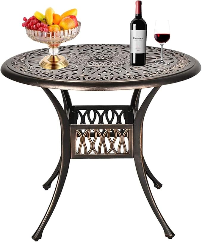 Grepatio 35.4" Patio Dining Table, Cast Aluminum Bistro Table with Umbrella Hole Outdoor Round Conversation Table, Antique Bronze