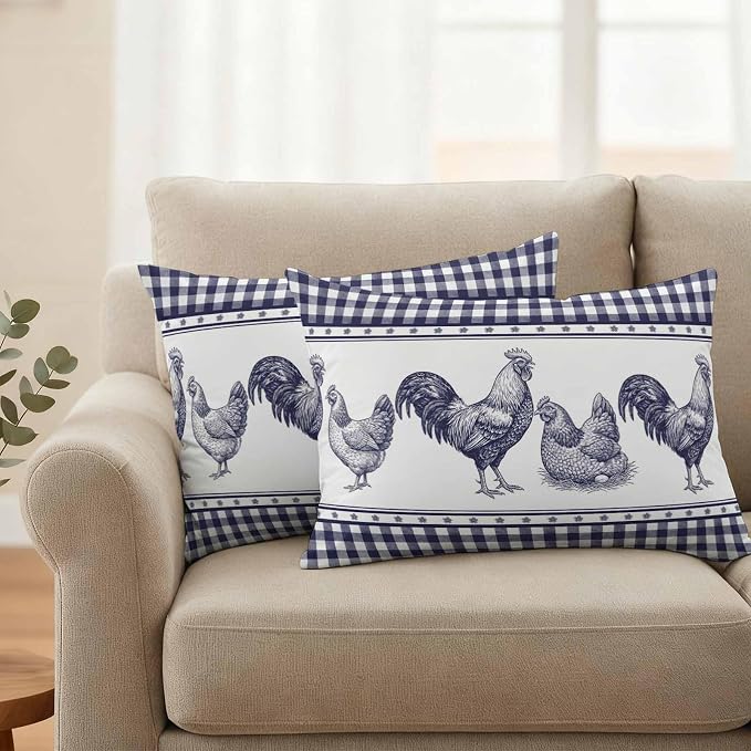 Navy Blue Rooster Outdoor Pillow Covers Waterproof, All Weather Cushion Case Set of 2, Vintage Farmhouse Blue Plaid Lumbar Pillowcase for Sofa Couch Bed Decor Patio Furniture 20"x12"
