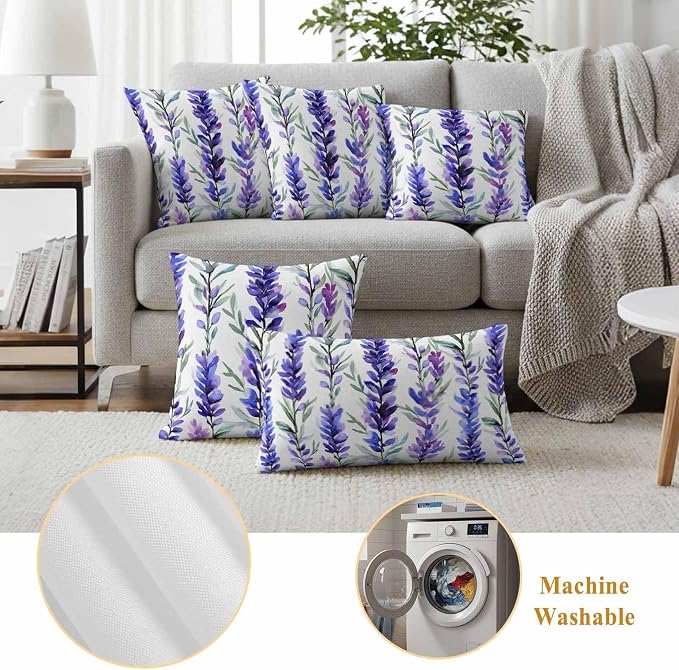 Outdoor Waterproof Pillow Covers 16x16Inch Spring Purple Lavender Throw Pillowcases for Patio Garden Couch Sofa Watercolor Floral Art Decorative Cushin Case,Pack of 2