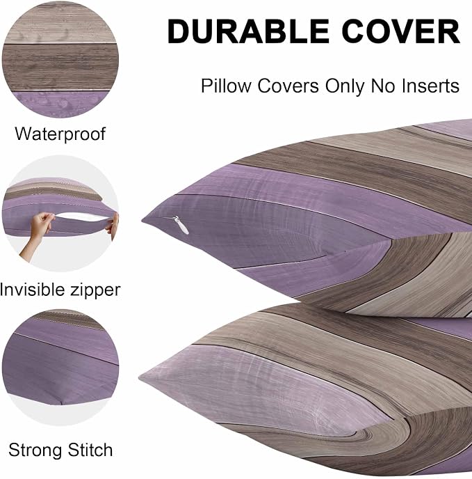 Outdoor Throw Pillow Covers 12X20 Set of 2 Waterproof Ombre Lavender Purple Brown Decorative Zippered Cushion Covers for Patio Furniture, Farmhouse Retro Rustic Barn Wood Texture Lumbar Pillowcases