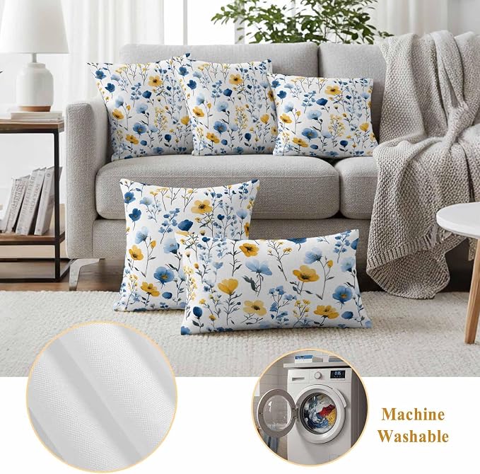 Watercolor Blue Outdoor Waterproof Throw Pillow Covers Set of 2, 16"x16", and Yellow Flower Leaves Spring Plant Decorative Pillow Covers Outside Cushion Case for Patio Porch Garden