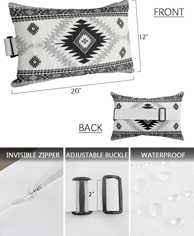 Outdoor Pillows Waterproof Covers Set of 2, Black Bohemian Adjustable Elastic Chaise Lounge Headrest Pillow Covers, Aztec Boho Tribal Decorative Lumbar Pillow for Pool Patio Furniture 20x12 Inch