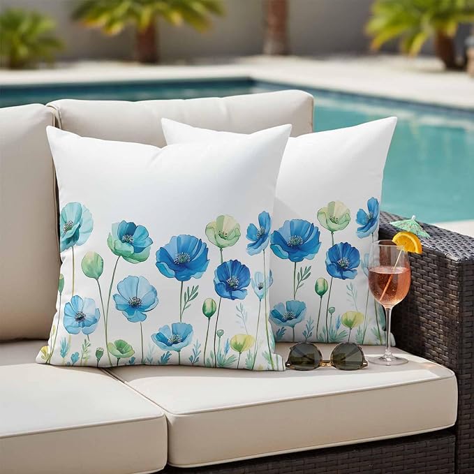 Spring Floral Outdoor Waterproof Throw Pillow Covers Set of 2, 24"x24", Watercolor Blue Poppy Flower Decorative Pillow Covers Outside Cushion Case for Patio Porch Garden