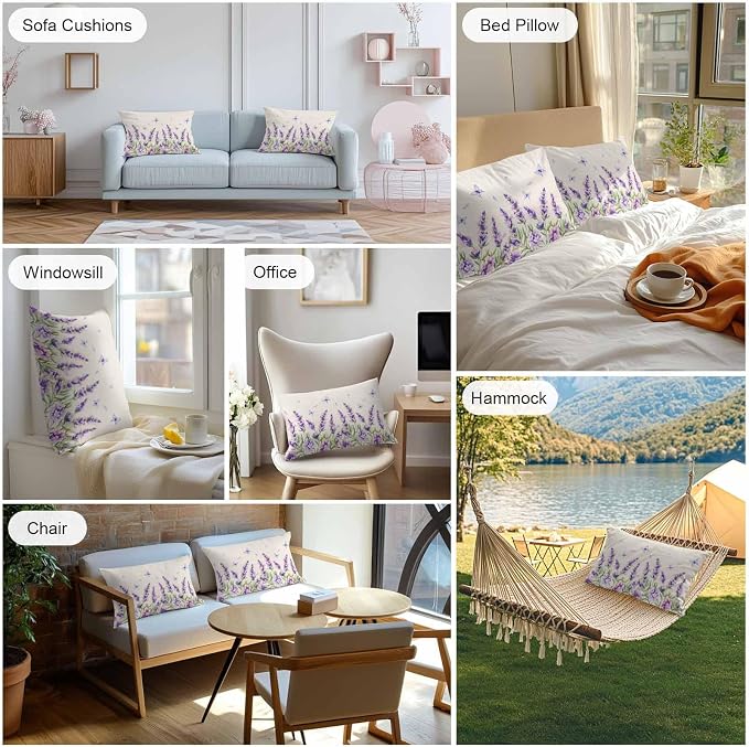Vandarllin Outdoor Throw Pillows Covers 20x12 inch Set of 2 Waterproof Purple Lavender Flower Decorative Zippered Cushion Covers for Patio Furniture, Butterfly Floral Linen Lumbar Pillowcases