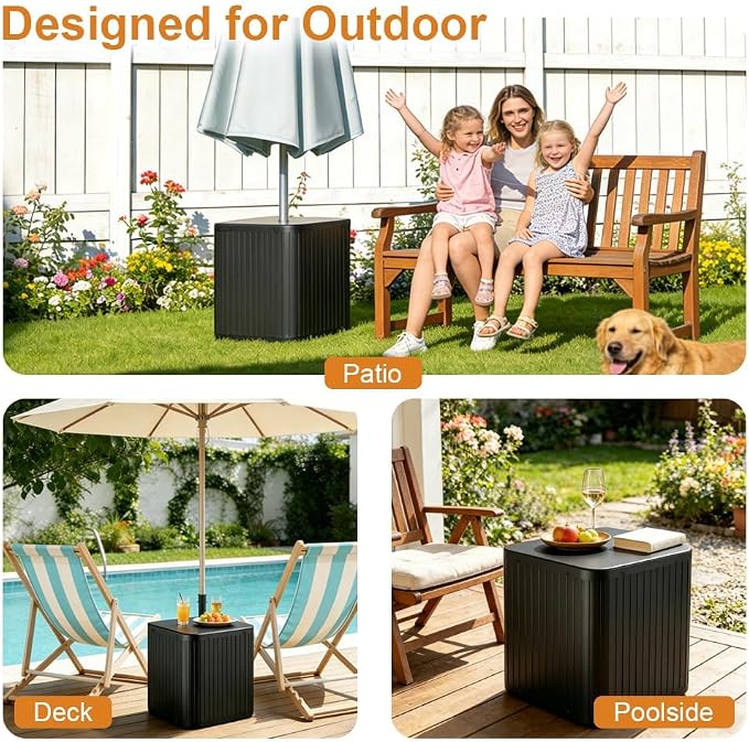 2-in-1 Umbrella Side Table – 16.54" Outdoor Patio Table with Fillable 15 Gal Water/Sand Base, Fits 1.5" Pole, UV Resistant for Pool, Deck, Garden (Black)