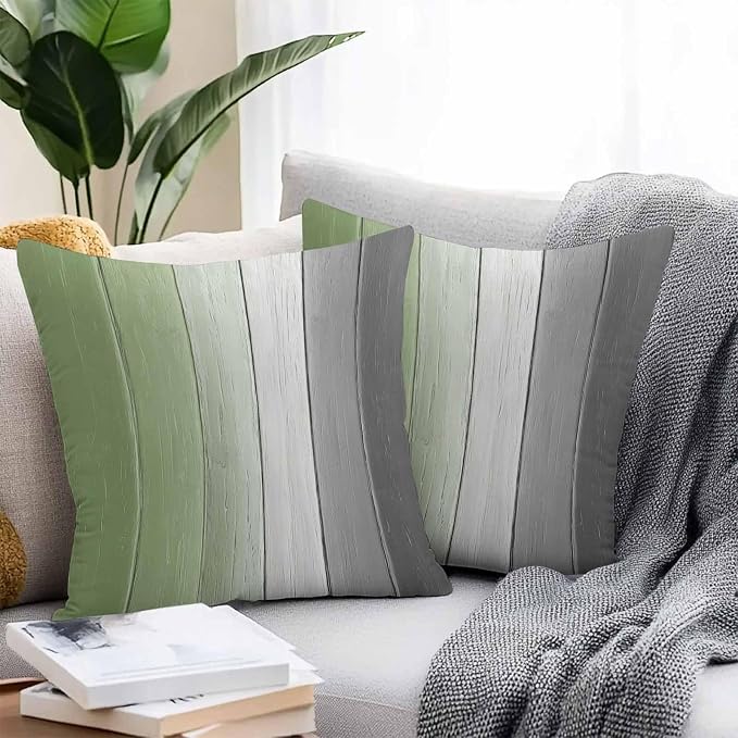 Throw Pillow Covers 24x24 Inch Set of 2, Sage Green Gray Ombre Waterproof Outdoor Cushion Covers, Vintage Country Wooden Decorative Pillowcases for Couch, Sofa, Bed, Garden, Patio