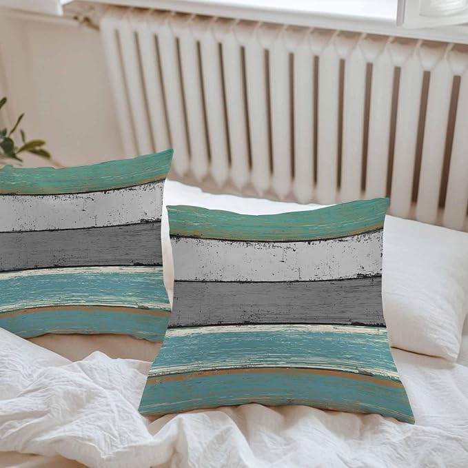 Outdoor Throw Pillow Covers 24X24 Set of 2 Waterproof Teal Green Gray Sea Decorative Zippered Cushion Covers for Patio Furniture, Farmhouse Retro Rustic Barn Wood Texture Lumbar Pillowcases
