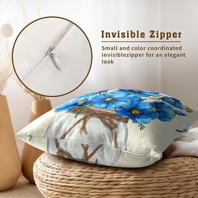 Blue Poppy Throw Pillow Covers 18x18 Inch Set of 2 Watercolor Summer Flower Mason Jar Decorative Pillow Cushion Cases for Sofa Couch Living Room Housewarming Party Decor