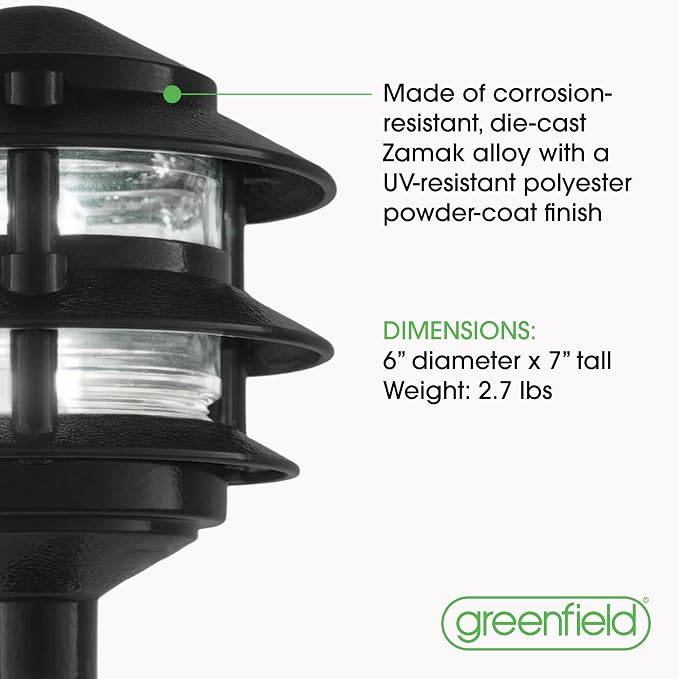 Greenfield Made in the USA Weatherproof Line-Voltage (120V) LED Outdoor Pathway Light – 3-Tier Permanent Outside Light for Walkway, Driveway & Landscaping – Professional Grade – Black