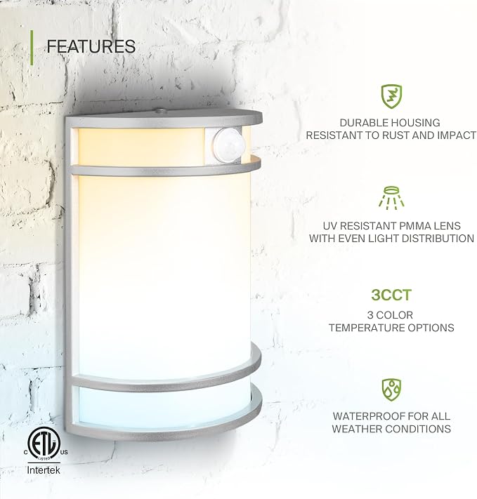 ASD 10 Inch Motion Sensor LED Outdoor Sconce Lights - 15W 120-277V 3000K 4000K 5000K Nickel Exterior Lighting Fixtures, Exterior Lights for House, Modern Patio Wall Light Fixture ETL