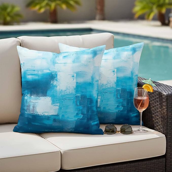 Blue Outdoor Waterproof Throw Pillow Covers Set of 2, 18"x18", Abstract Oil Painting Decorative Pillow Covers Outside Cushion Case for Patio Porch Garden