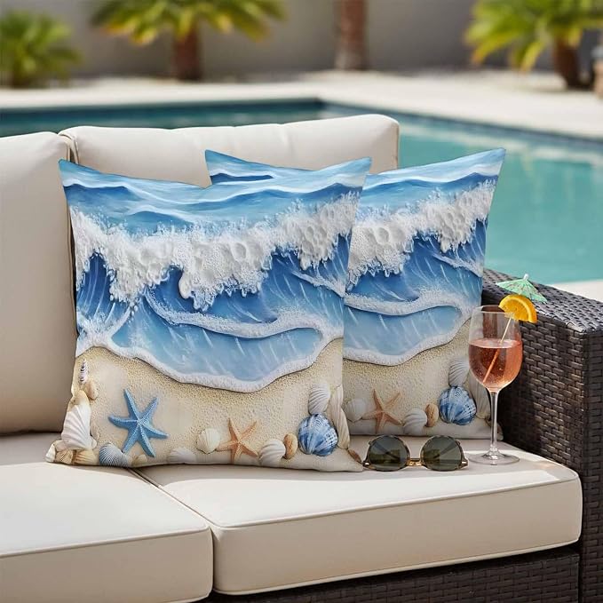Summer Beach Outdoor Waterproof Throw Pillow Covers Set of 2, 16"x16", Seashell Starfish Nautical Coastal Decorative Pillow Covers Outside Cushion Case for Patio Porch Garden