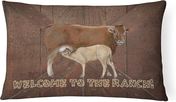 Caroline's Treasures SB3084PW1216 Welcome to the Ranch with the Cow and Baby Canvas Fabric Decorative Pillow 100% Machine Washable Pillow, Indoor or Outdoor Decorative Throw Pillow for Couch, Bed or P