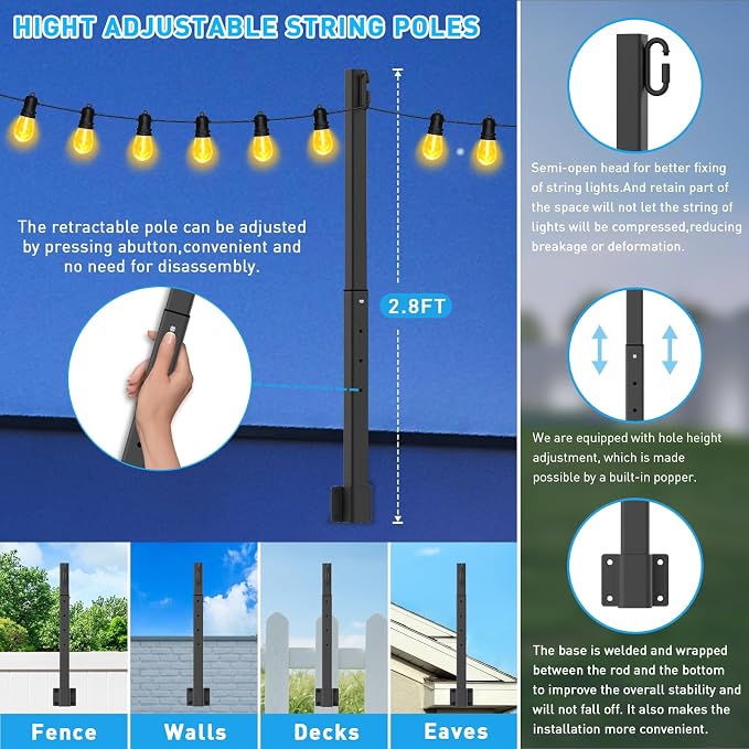 8 Pack 2.8 FT String Light Poles,Metal Lights Poles for Outdoor String Light, Rustproof Heavy Duty for Outside Garden,Patio,Wedding,Backyard,Deck,Party