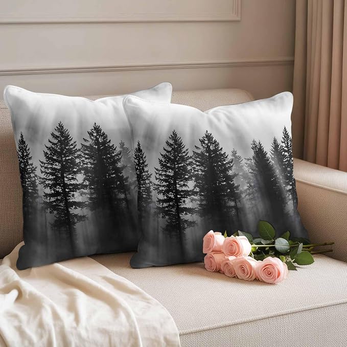 Black Forest Mist Scenery Outdoor Pillow Covers 24"x24" Set of 2, Nature Pine Trees Sunbeams Modern Waterproof Throw Pillow Covers for Patio Furniture, Decorative Cushion Covers for Porch