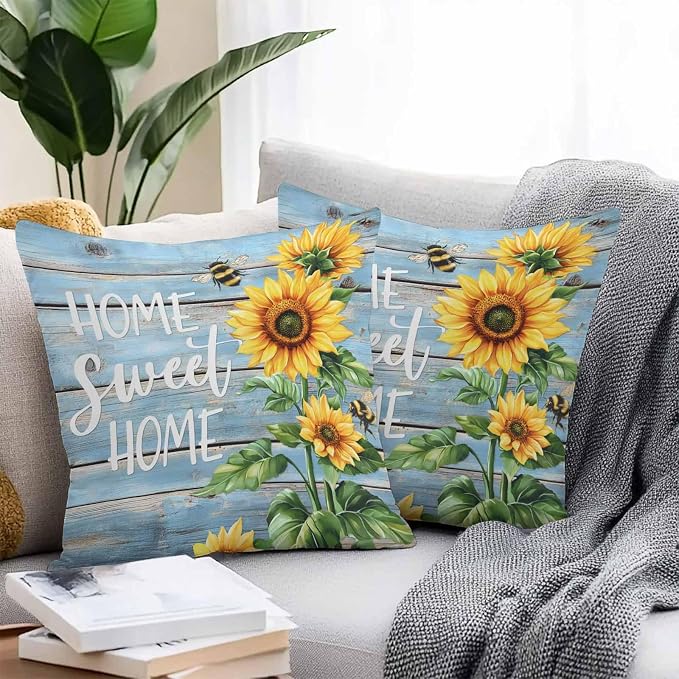 Throw Pillow Covers 16x16 Inch Set of 2, Spring Sunflower Waterproof Outdoor Pillow Covers, Bee Wooden Grain Country Rustic Decorative Cushion Pillowcases for Couch, Sofa, Bed, Garden, Patio