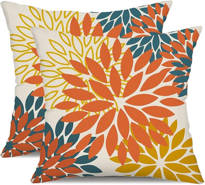 DFXSZ Outdoor Waterproof Pillow Covers 16x16 Set of 2 Orange Yellow Flower | Spring Summer Waterproof Flower Throw Pillowcases（No Inserts）Outdoor Decor for Fall Patio Funiture Garden Polyester Covers