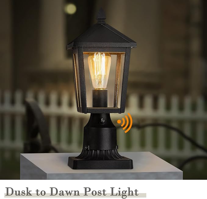 zeyu Dusk to Dawn Outdoor Post Light Fixture, 13.7-Inch Farmhouse Post Lantern Lamp Post for Patio, Clear Glass Shade and Black Finish, 20076PS-PC BK