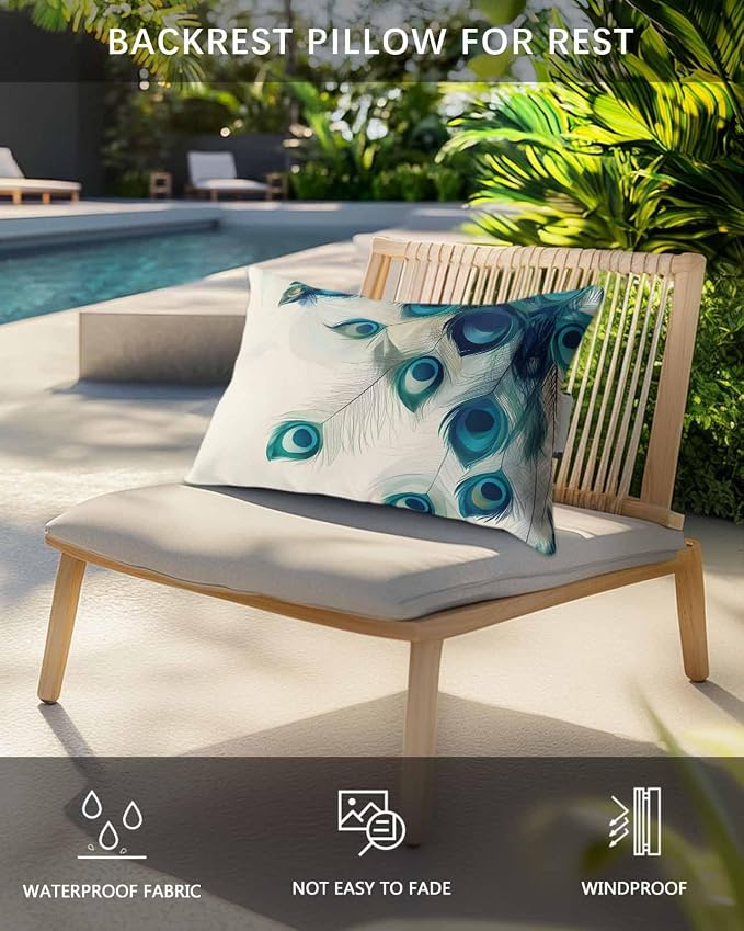 Chaise Lounge Head Pillows,Teal Turquoise Peacock Feather Outdoor Waterproof Patio Throw Pillows Abstract Animal Feathers Lumbar Pillow for Patio Beach Pool
