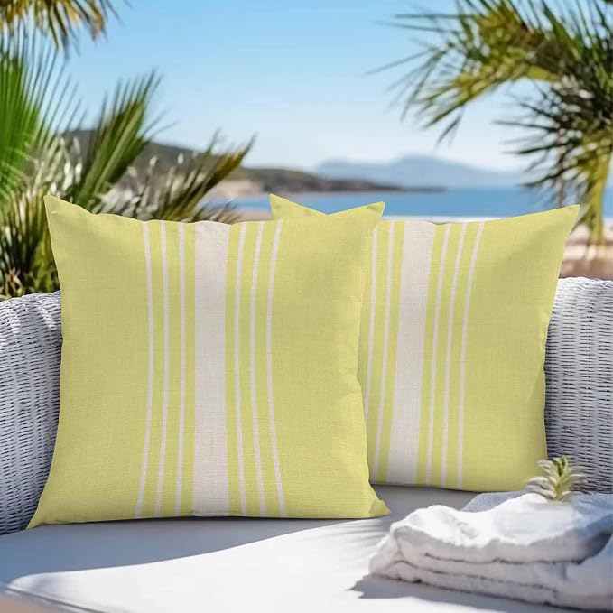 Throw Pillow Covers 20x20 Inch Set of 2, Yellow Beige Striped Waterproof Outdoor Cushion Covers, Modern Farmhouse Retro Lines Decorative Pillowcases for Couch, Sofa, Bed, Garden, Patio