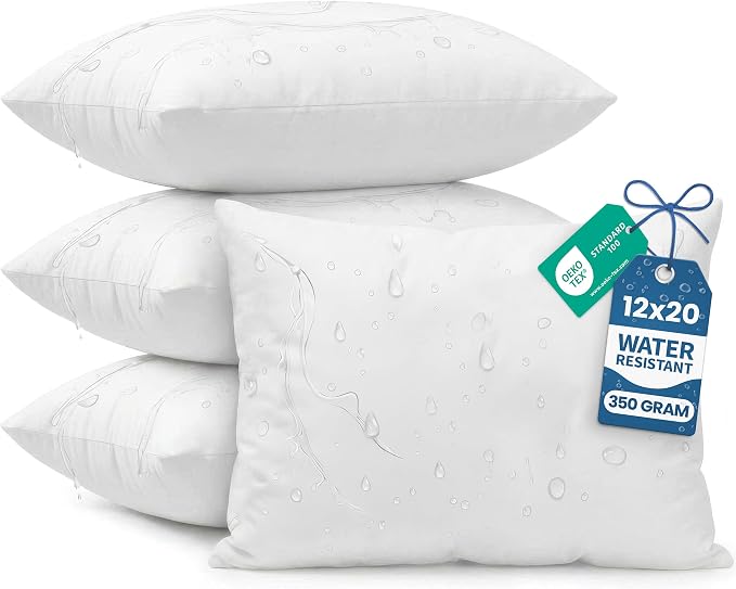 Utopia Bedding 12x20 Outdoor Pillows, Water Resistant Throw Pillows, 4-Pack | Outdoor Throw Pillows, Water Repellent, Decorative Pillow for Patio Furniture & Porches, Plush & Supportive, Pack of 4, White