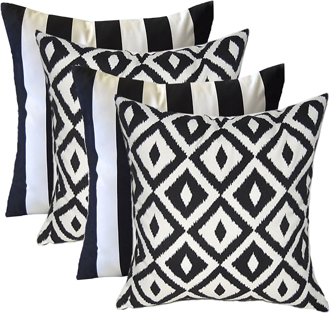 Set of 4 - Indoor/Outdoor Square Decorative Throw/Toss Pillows - Black and White Stripe Fabric & Black and White Aztec Geometric Fabric - Choose Size (17" x 17")