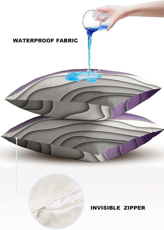 Funy Decor Waterproof Outdoor Throw Pillow Cover Purple Grey Modern Geometric Lumbar Pillowcases Set of 2 Abstract Beach Decorative Patio Furniture Pillows for Couch Garden 18x18 inch x 2pcs