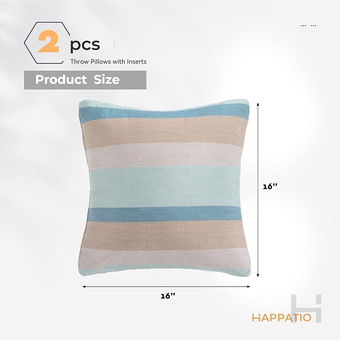 Outdoor Pillows, Patio Decorative Pillows Pack of 2, Waterproof Throw Pillows for Outdoor Furniture, 16× 16 Comfortable Spring Outdoor Pillows for Bed, Couch, Sofa, Blue Stripe