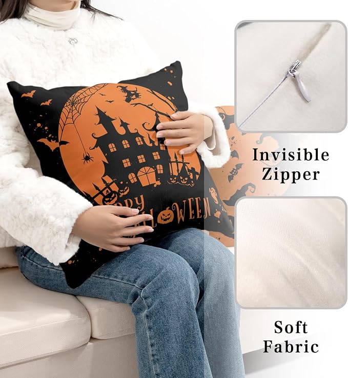 Halloween Indoor Decorations Witch Castle Spider Web Halloween Pillows Cases 16x16 Set of 2 Hallowee Fall Throw Pillows Covers Orange and Black Pillows Covers for Sofa Couch