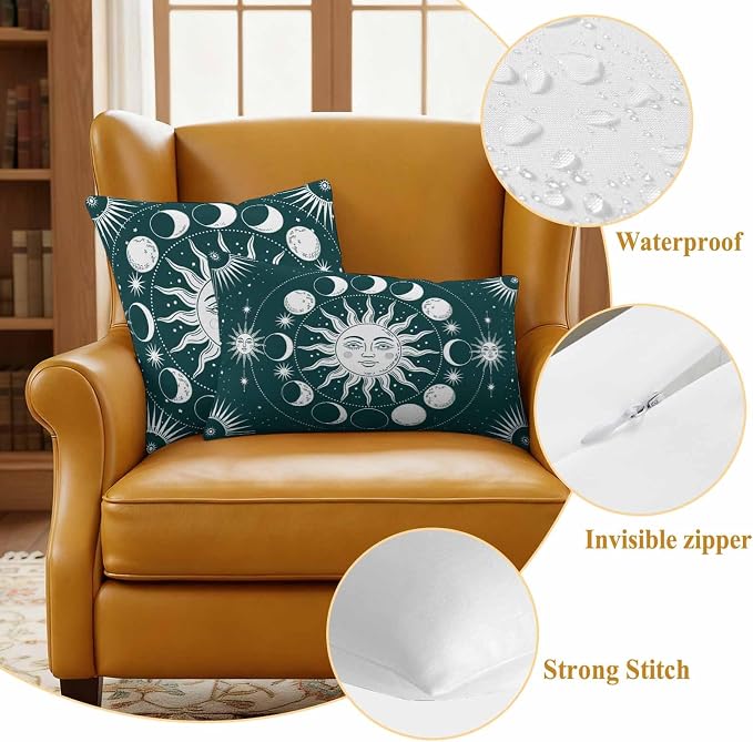 Celestial Sun and Moon Waterproof Outdoor Pillow Covers Set of 2 Home Decor, Green Starry Galaxy Boho Pillowcase Patio Pillow Covers for Couch Bench Patio Furniture Garden 26x26in