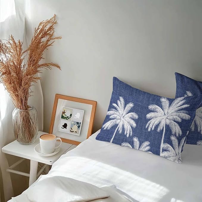 Lumbar Pillow Covers 20x12 Inch Set of 2, Indigo Blue Palm Trees Waterproof Outdoor Pillow Covers, Farmhouse Tropical Summer Beach Decorative Cushion Pillowcases for Couch, Sofa, Bed, Garden, Patio