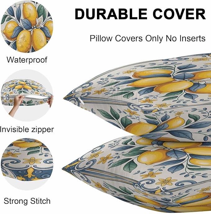 Throw Pillow Covers 24x24 Inch Set of 2, Yellow Blue Lemon Waterproof Outdoor Cushion Covers, Summer Botanical Watercolor Decorative Pillowcases for Couch, Sofa, Bed, Garden, Patio
