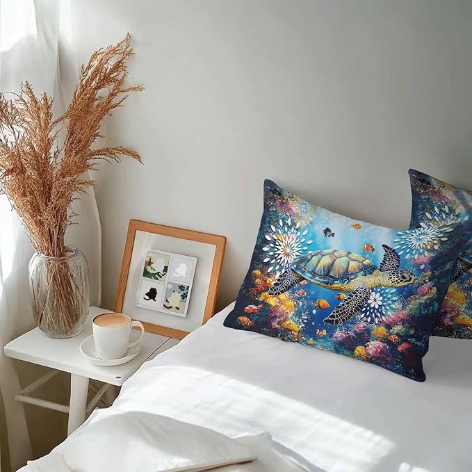 Turtle Waterproof Outdoor Pillow Covers Set of 2 Home Decor, Ocean Fish Coral Underwater World Cartoon Pillowcase Patio Pillow Covers for Couch Bench Furniture Garden 20x12in