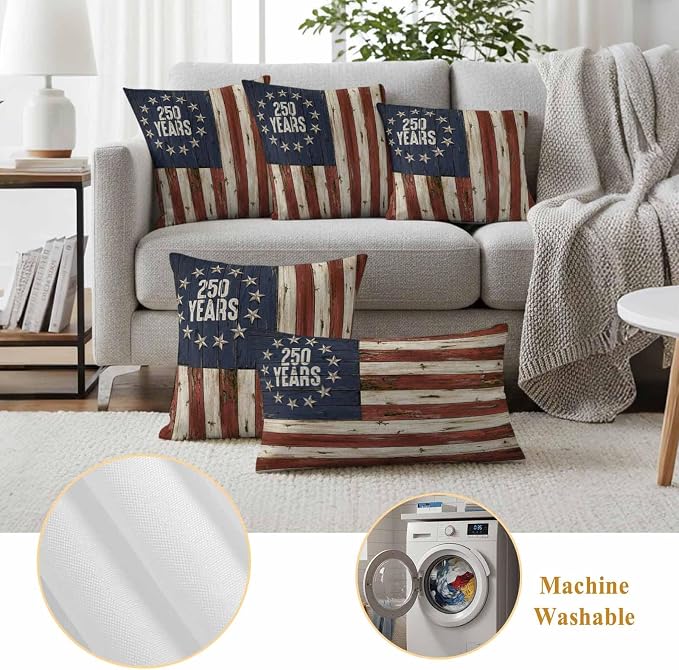 250 Year Anniversary USA Outdoor Waterproof Throw Pillow Covers 16"x16" Set of 2, 4th of July Vintage Wood Decorative Garden Pillowcase with Zipper Cushion Case for Patio Couch Tent