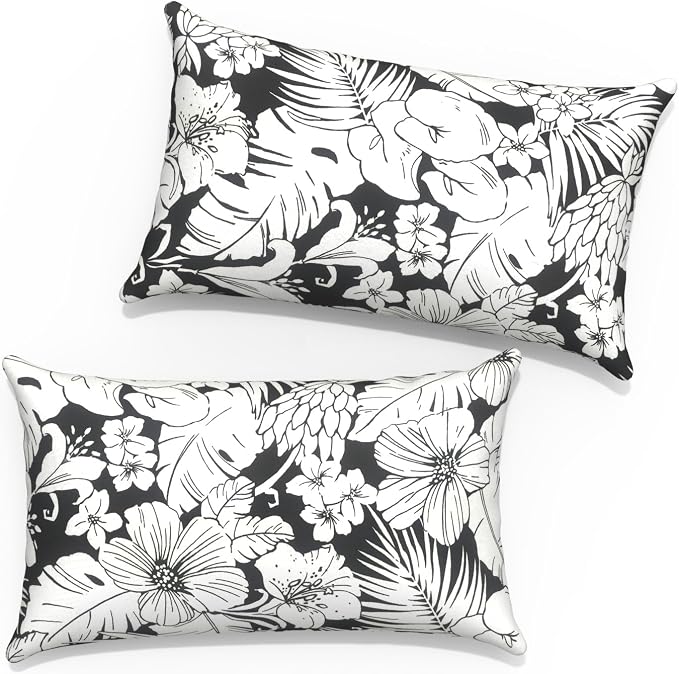 12x20 Inch Lumbae Pillow Covers, Rectangle Waterproof Throw Covers Set of 2, Decorative Patio Furniture Cushion Cases for Porch Garden, Tropical Blossom Noir