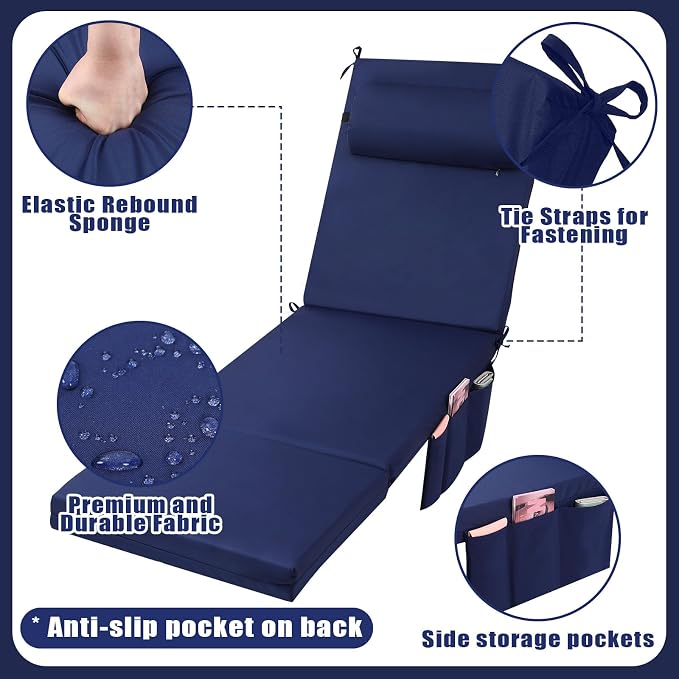 RattanView 2 Pcs Outdoor Chaise Lounge Cushion with Pillow and Side Pockets Waterproof Lounge Chair Cushions for Outdoor Furniture Patio Lounger Pad for Outside Pool Lawn (Navy Blue,72 x 21 x 4)