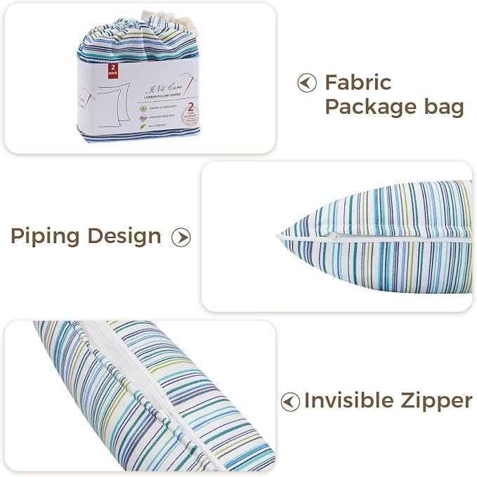 Lumbar Pillow Covers Set of 2, Outdoor Indoor Waterproof Decorative Patio Lumbar Pillowcase Shell 12x20 Inch, Rectangular Cushion Case for Couch Sofa Garden Farmhouse-Blue Stripe