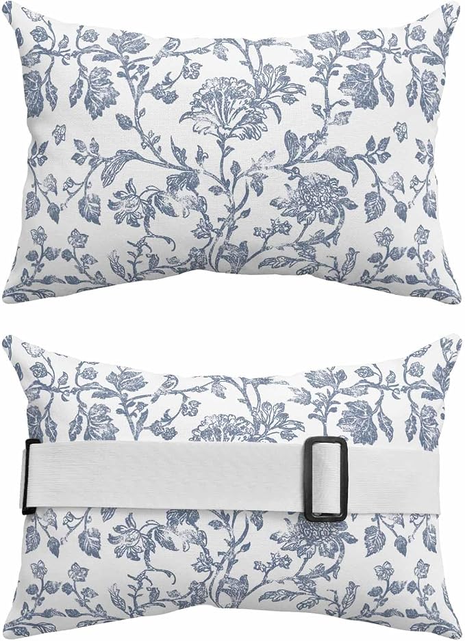 Pack of 4 Outdoor Lumbar Pillow Covers 11x16 Inch, Blue Flower Waterproof Throw Pillow Covers Set, Vintage Farmhouse Boho Leaf Spring Summer Indoor&Outdoor Cushion Cases for Patio Porch Beach